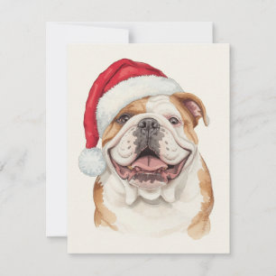Happy Bulldog Watercolor Santa Hat Art Holiday Card