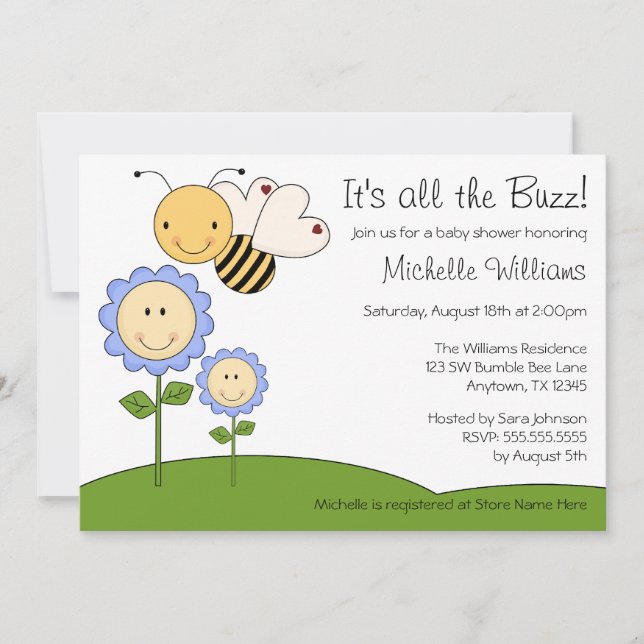 Happy Bumble Bee Blue Daisy Baby Shower Invitation (Front)