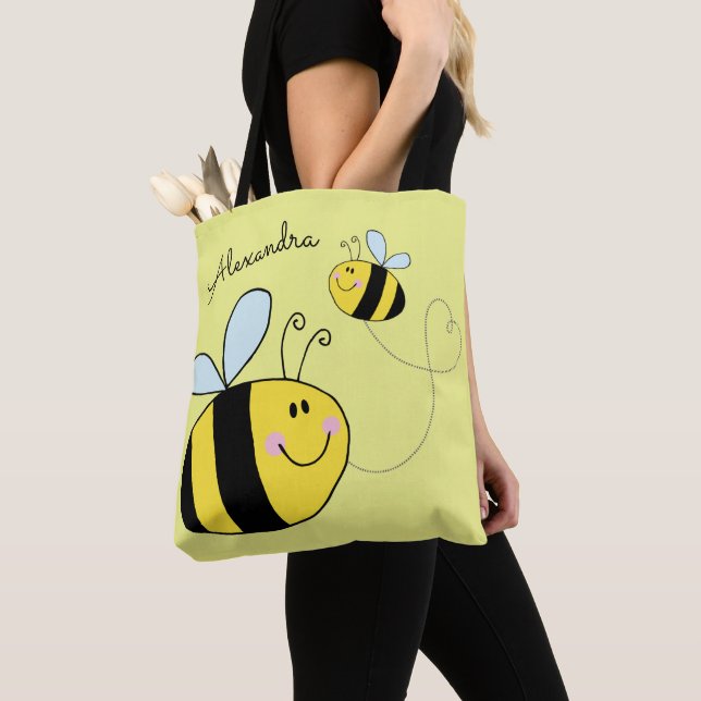 Happy Bumble Bees Flying Heart Personalised Tote Bag (Close Up)