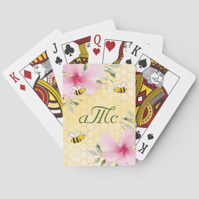 Happy bumble bees yellow floral couple monogram playing cards (Back)