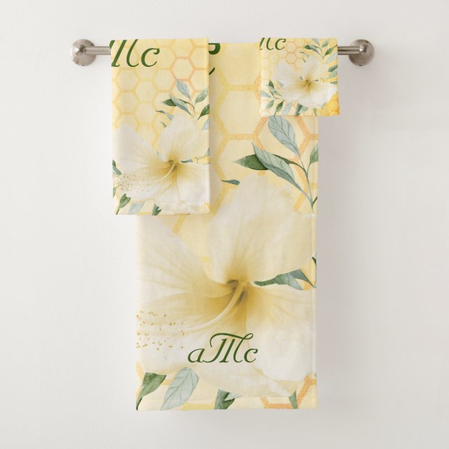 Happy bumble bees yellow honeycomb couple monogram bath towel set (Insitu)