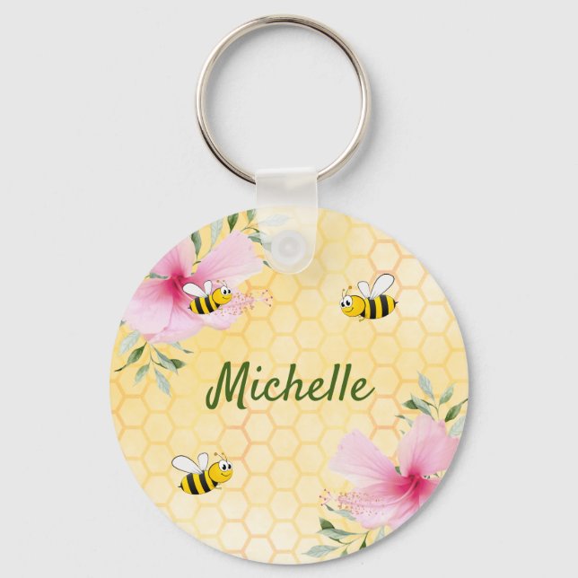 Happy bumble bees yellow honeycomb cute name key ring (Front)