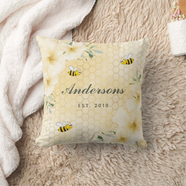 Happy bumble bees yellow honeycomb family monogram cushion (Blanket)