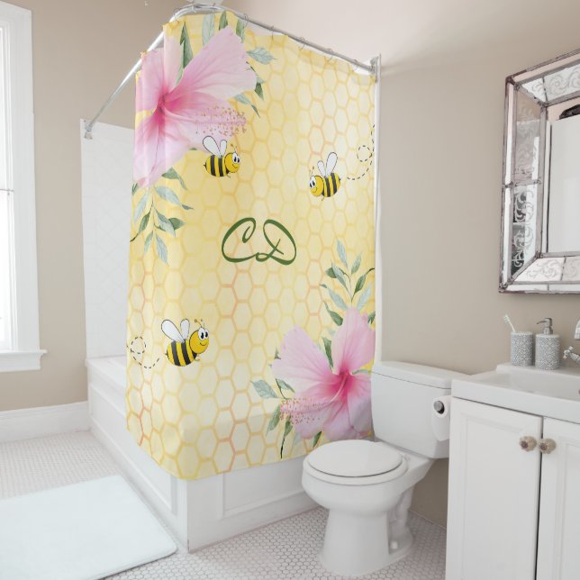 Happy bumble bees yellow honeycomb pink monogram shower curtain (In Situ)
