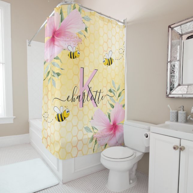 Happy bumble bees yellow honeycomb pink monogram shower curtain (In Situ)