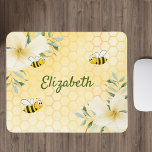 Happy bumble bees yellow honeycomb summer name mouse mat<br><div class="desc">Yellow,  white background with a honeycomb pattern. Decorated with light yellow,  cream coloured tropical florals flowers,  hibiscus and happy bumble bees. Your name written with a green hand lettered style script. Perfect for your summer home work space,  office!</div>