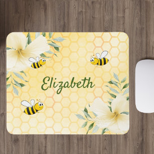 Happy bumble bees yellow honeycomb summer name mouse mat