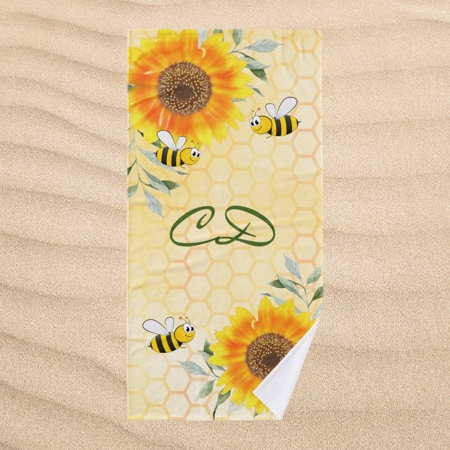 Happy bumble bees yellow sunflower floral monogram bath towel (Creator Uploaded)