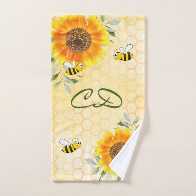 Happy bumble bees yellow sunflower floral monogram hand towel (Hand Towel)
