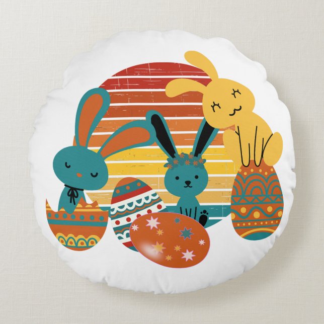 Happy Bunny, Easter Egg, Cute Round Cushion (Front)