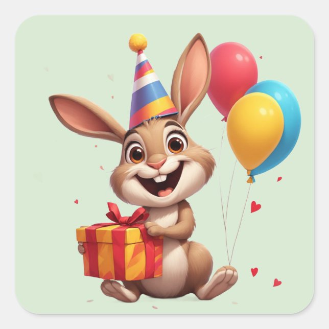 🎁 Happy Bunny With Balloons And Gift Square Sticker (Front)