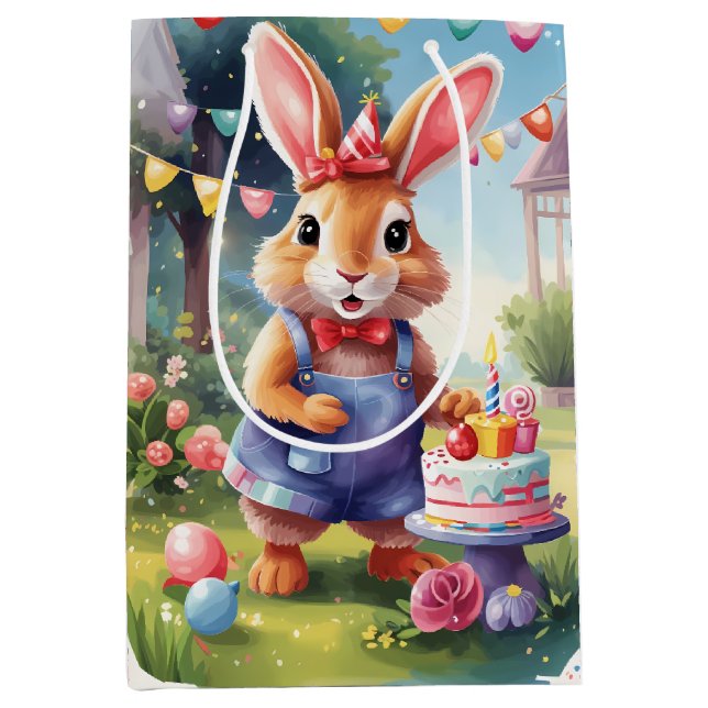 Happy Bunny with Cake |  Medium Gift Bag (Front)