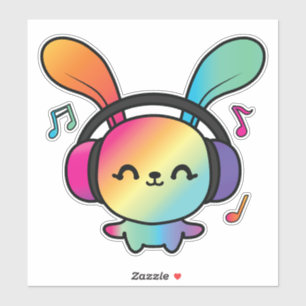 Happy Bunny with headphones listening to music. 