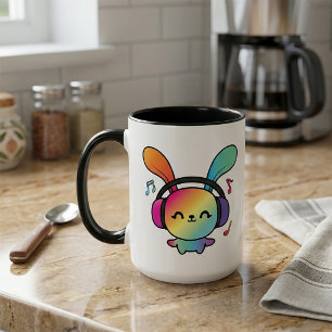 Happy Bunny with headphones listening to music.  Mug