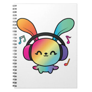 Happy Bunny with headphones listening to music.  Notebook