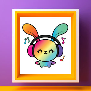 Happy Bunny with headphones listening to music.  Photo Print