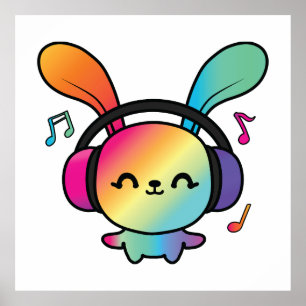 Happy Bunny with headphones listening to music.  Poster