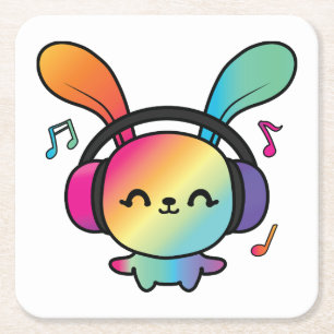 Happy Bunny with headphones listening to music.  Square Paper Coaster