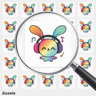 Happy Bunny with headphones listening to music.  Square Sticker