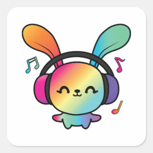 Happy Bunny with headphones listening to music. Square Sticker