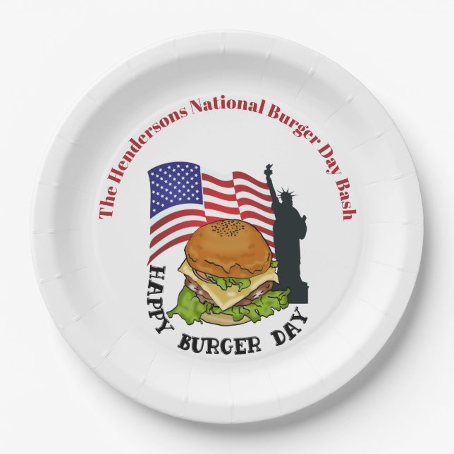 Happy burger day personalised paper plates (Front)