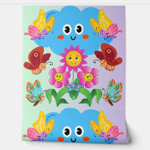 Happy Butterflies and Smiling Flowers Cartoon 