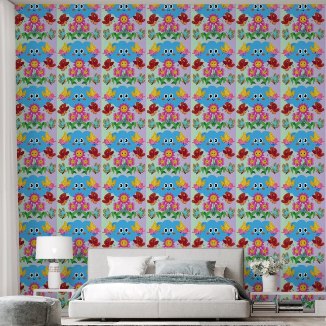 Happy Butterflies and Smiling Flowers Cartoon  Wallpaper (Bedroom)