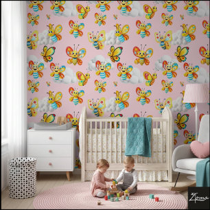 Happy Butterfly Cloud Sky Pattern - pink Wallpaper