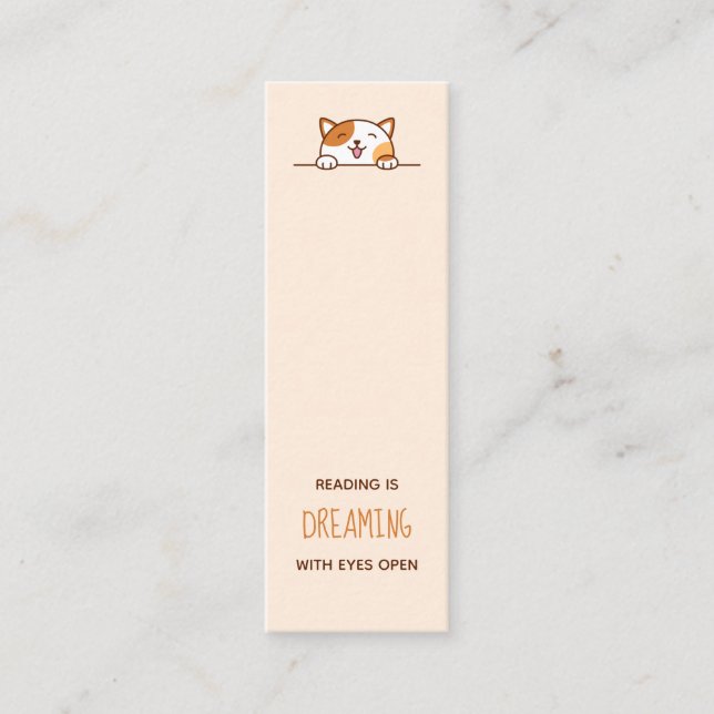 Happy Calico Cat Peeking above Bookmark Quote Mini Business Card (Front)