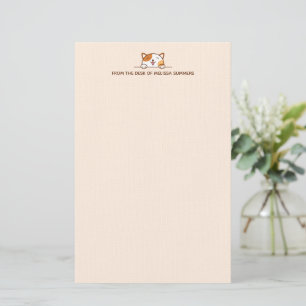 Happy Calico Cat Peeking above Custom Text Beige Stationery