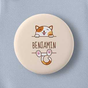 Happy Calico Cat Peeking behind Custom Name 6 Cm Round Badge