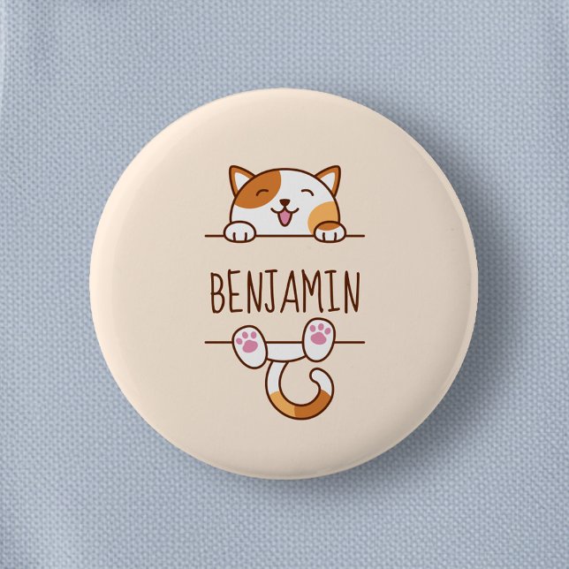 Happy Calico Cat Peeking behind Custom Name 6 Cm Round Badge (Creator Uploaded)