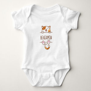 Happy Calico Cat Peeking behind Custom Name Baby Bodysuit