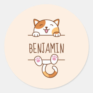Happy Calico Cat Peeking behind Custom Name Classic Round Sticker
