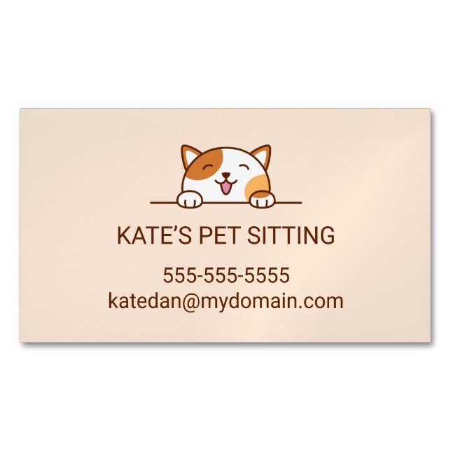 Happy Calico Cat Peeking Pet Sitting Service Magnetic Business Card (Front)
