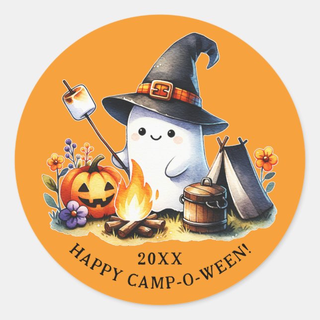 Happy Camp-o-ween Ghost Camping Halloween Orange Classic Round Sticker (Front)