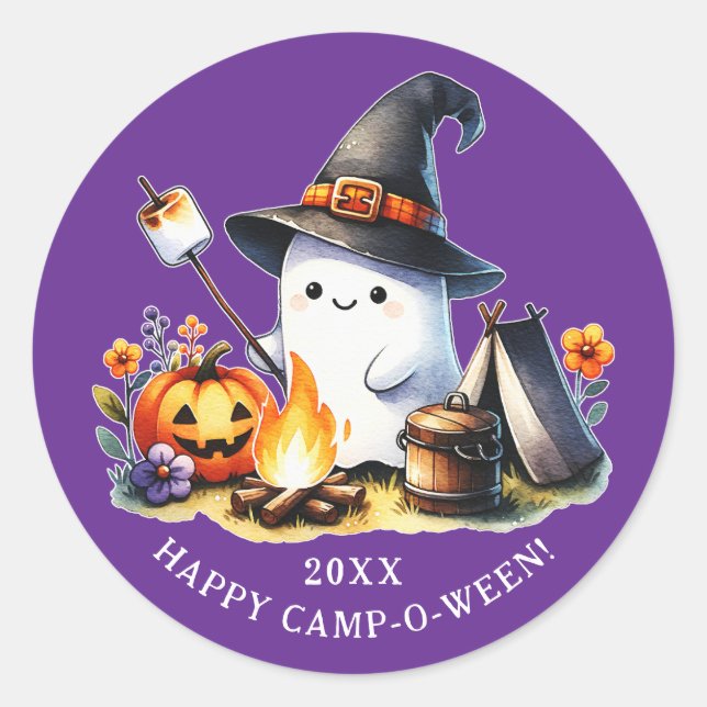Happy Camp-o-ween Ghost Camping Halloween Purple Classic Round Sticker (Front)