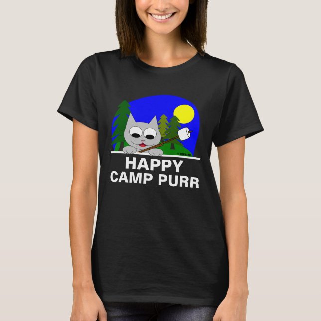 "Happy Camp Purr" Funny Camping Cat T Shirt (Front)