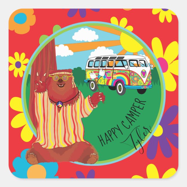 Happy Camper Bear Flower Stickers Square (Front)