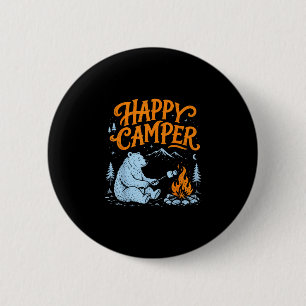 Happy camper bear roasting marshmallows design 6 cm round badge