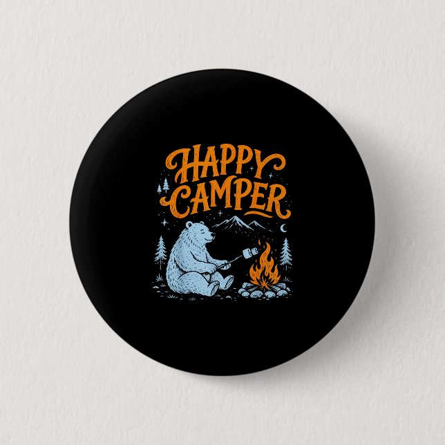 Happy camper bear roasting marshmallows design  6 cm round badge (Front)