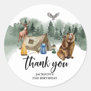 Happy Camper Bear Thank you Birthday Favour  Classic Round Sticker