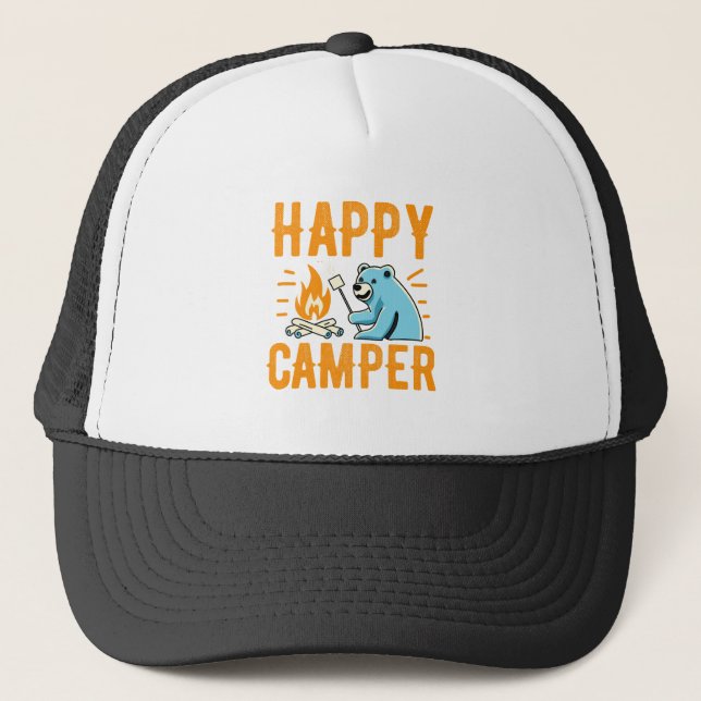 Happy Camper Bear - Vacation Hiking Campfire Campi Trucker Hat (Front)