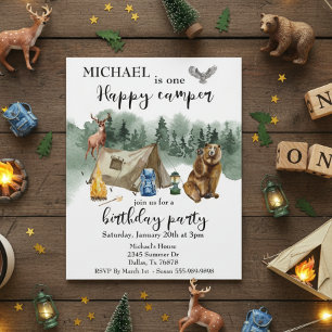 Happy Camper Birthday Forest Bear Invitation