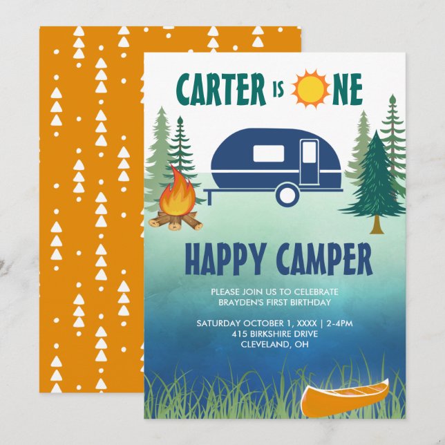 Happy Camper Boys First Birthday Invitation (Front/Back)