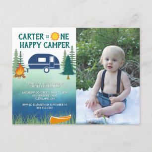 Happy Camper Boys First Birthday Photo Invitation Postcard