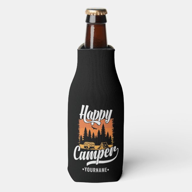 Happy Camper Camping Hiking Travel Caravan Life Bottle Cooler (Bottle Front)