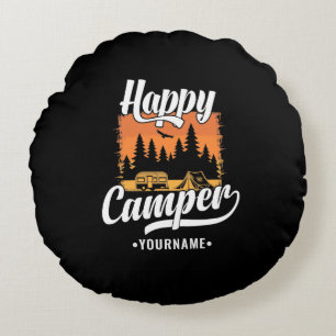 Happy Camper Camping Hiking Travel Caravan Life Round Cushion