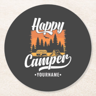 Happy Camper Camping Hiking Travel Caravan Life Round Paper Coaster