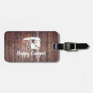 Happy Camper Camping Trailer Rustic Wood Luggage Tag